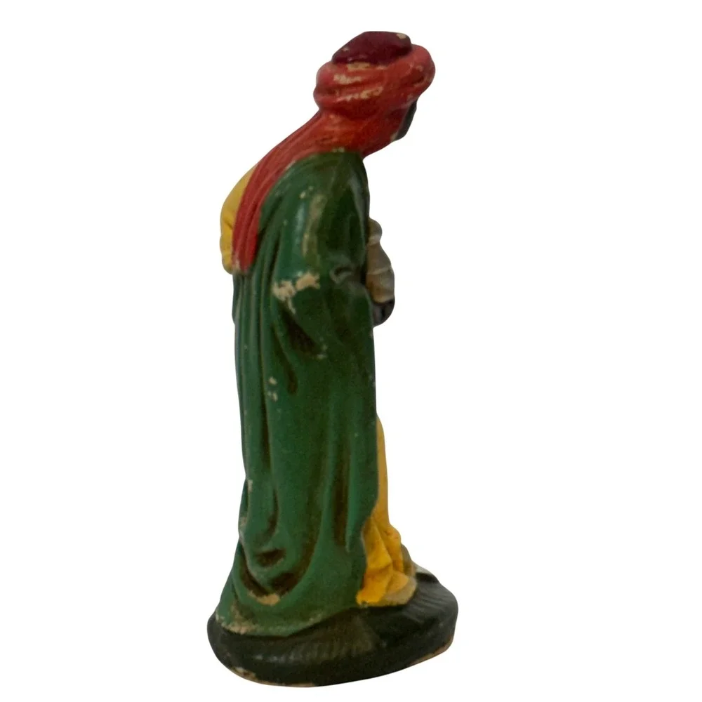 Vintage Nativity Wise Man Figurine Yellow Green Red Chalkware King Magi